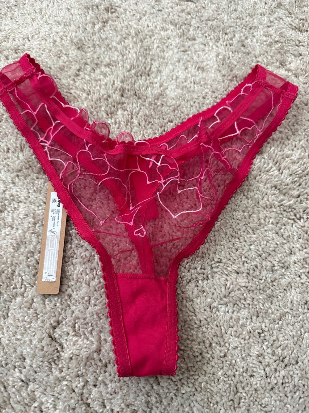 SKIMS Sheer Heart-Embroidered Thong - Bright Pink M